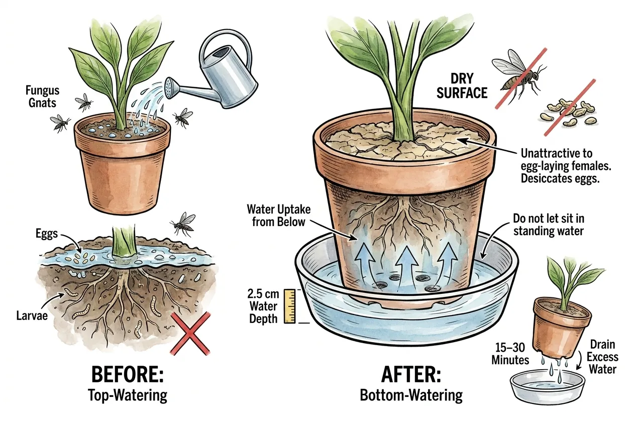 A top-watered pot with a moist, gnat-prone surface beside a bottom-watered pot with a drier surface