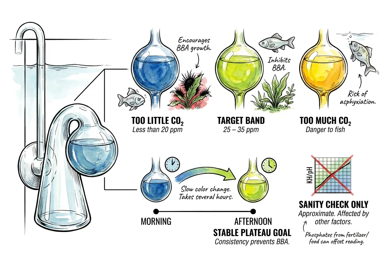 Illustration of a drop checker reading green with a KH and pH reference note