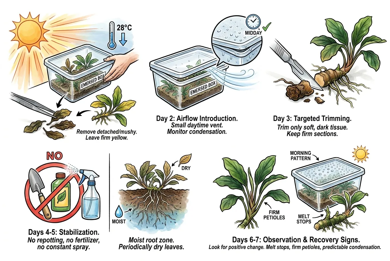 Illustration of a first-week rescue sequence: cool, vent, trim, stabilize, then review