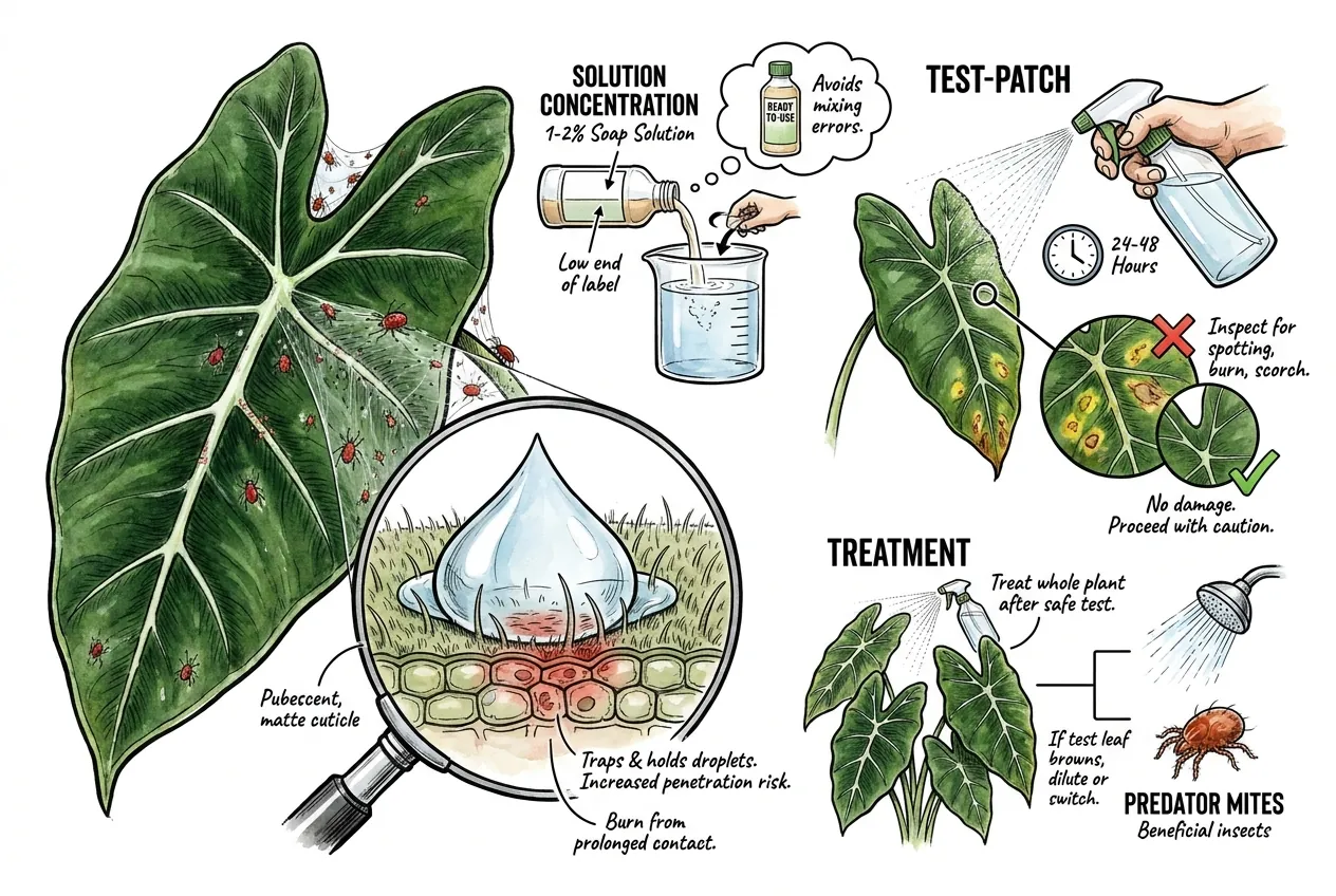 Illustration of spray droplets on a velvet leaf surface next to beneficial predatory mites, depicting spray-injury risk versus a biological option