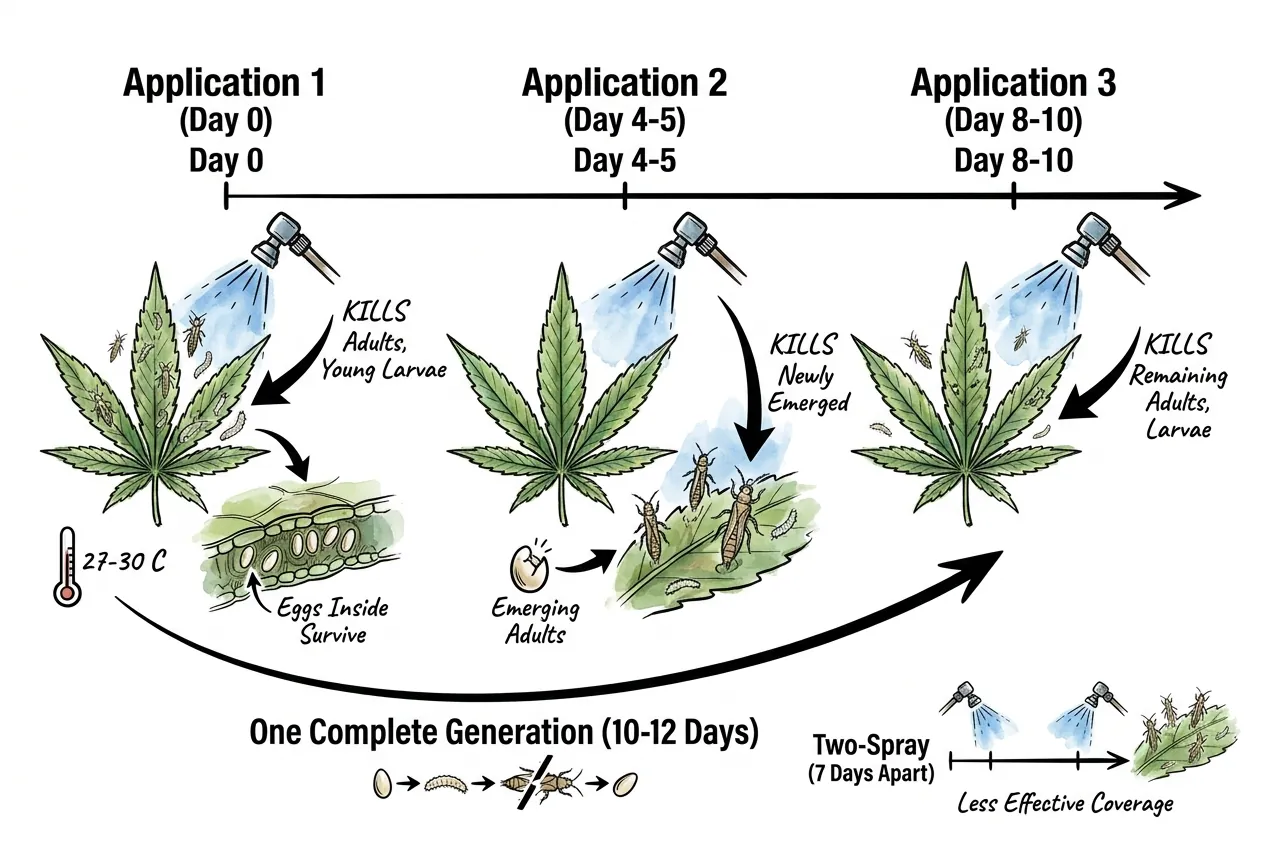Illustration showing thrips life stages that may be exposed at different times after a foliar spray