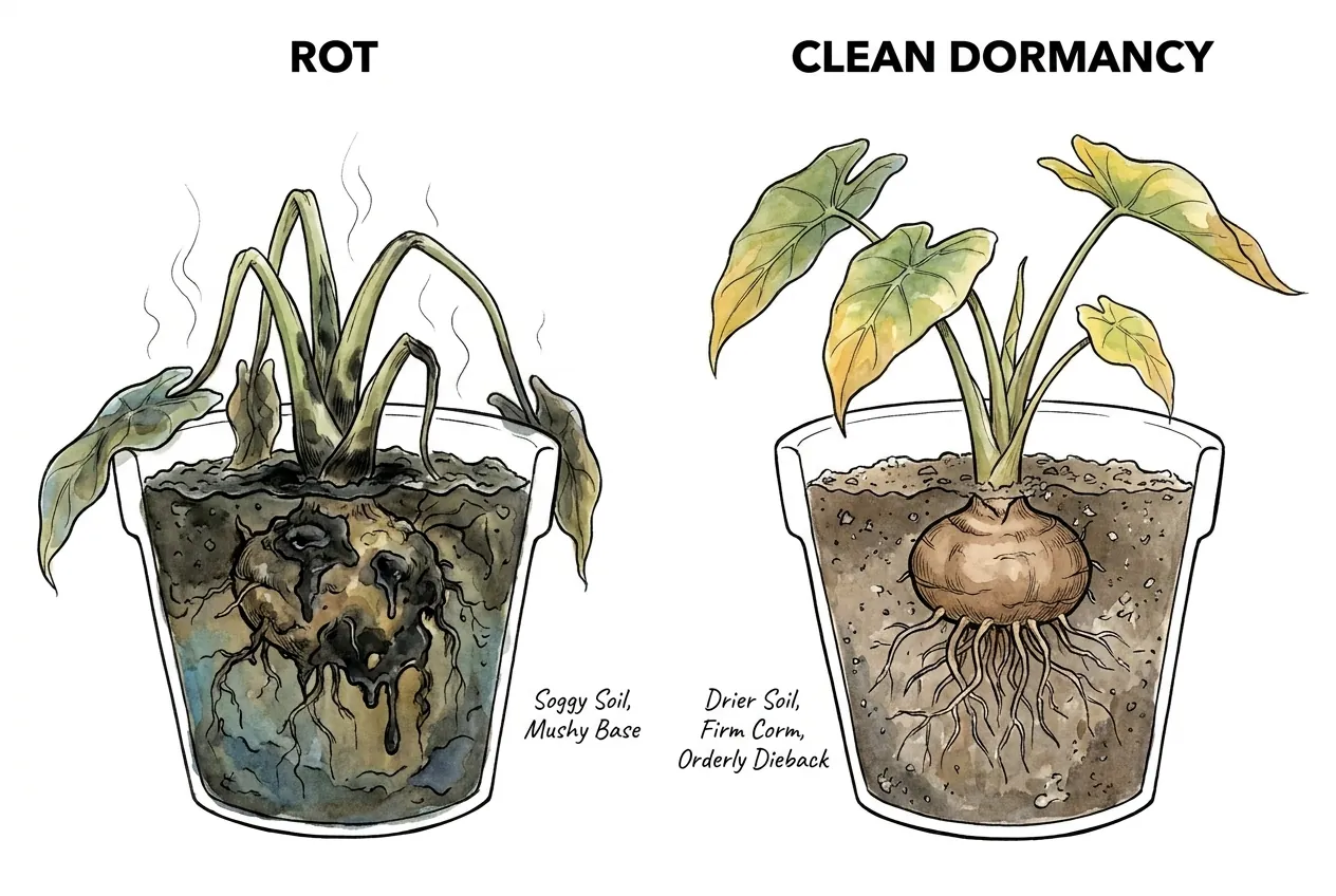 Side-by-side illustration comparing a mushy blackened rotting base with a firmer, cleaner one