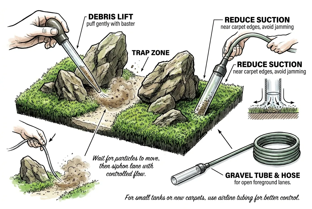 Conceptual illustration of using a baster to lift debris and a controlled, pinched siphon to remove it near carpet and rock bases