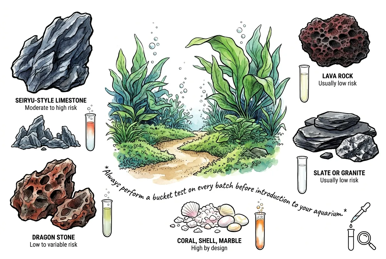 Conceptual comparison of common aquascaping rock types by rough carbonate risk