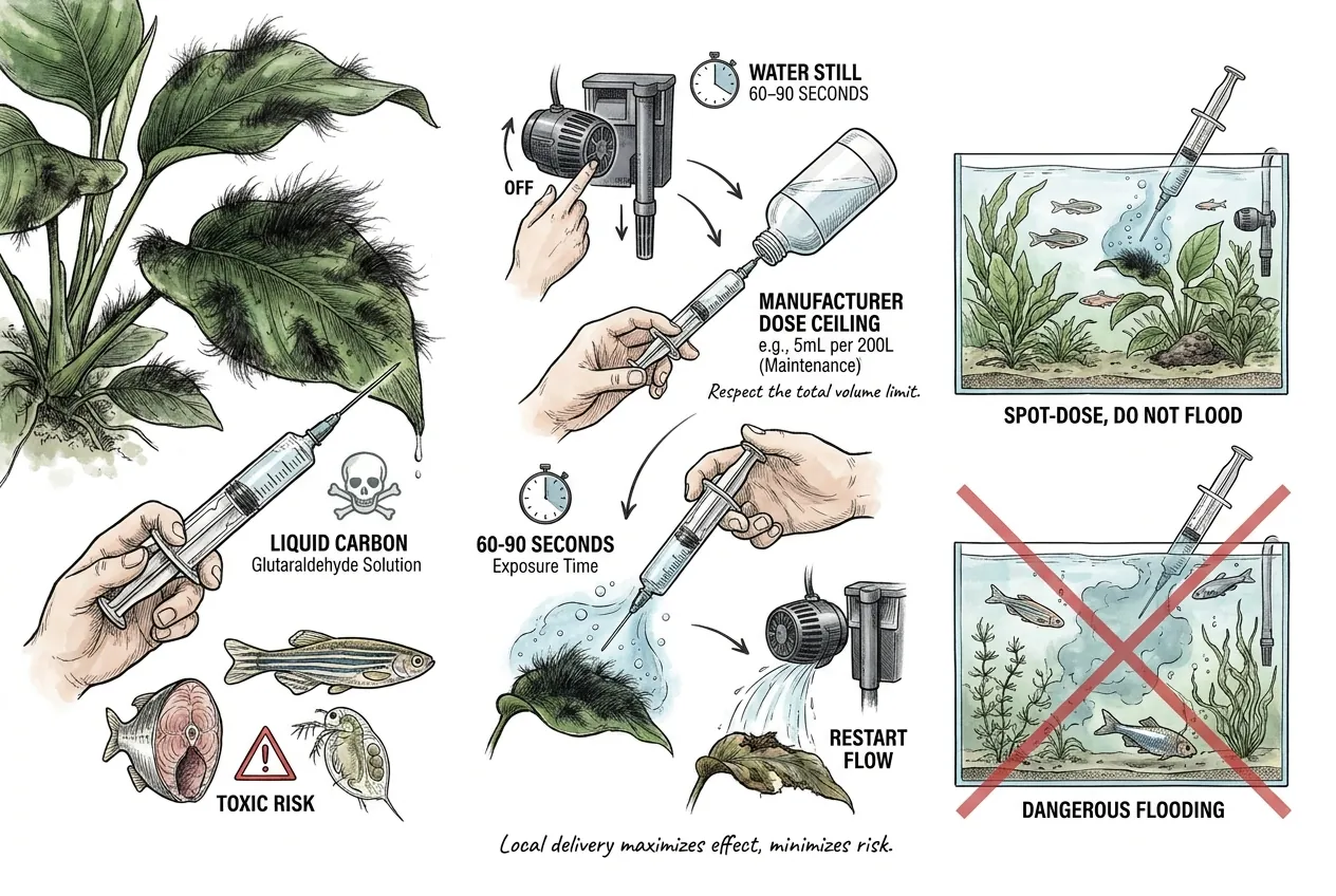 Illustration of a syringe releasing a liquid-carbon supplement near a black beard algae tuft