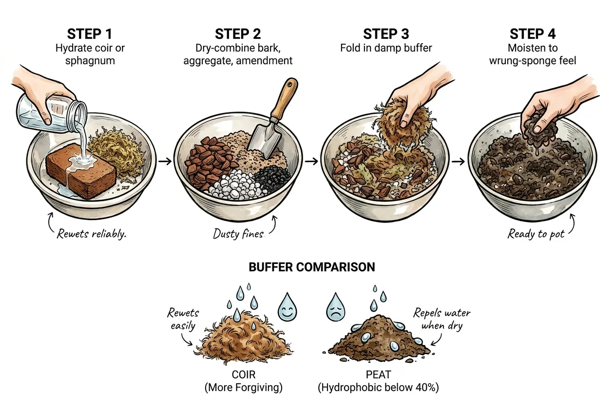 Step order: hydrate coir or moss, combine bark and aggregate, fold in the buffer, then moisten the whole mix