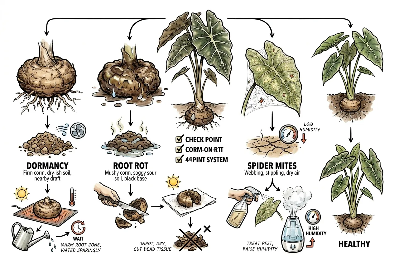Rough decision-tree sketch branching from leaf drop toward dormancy, root rot, and spider mites