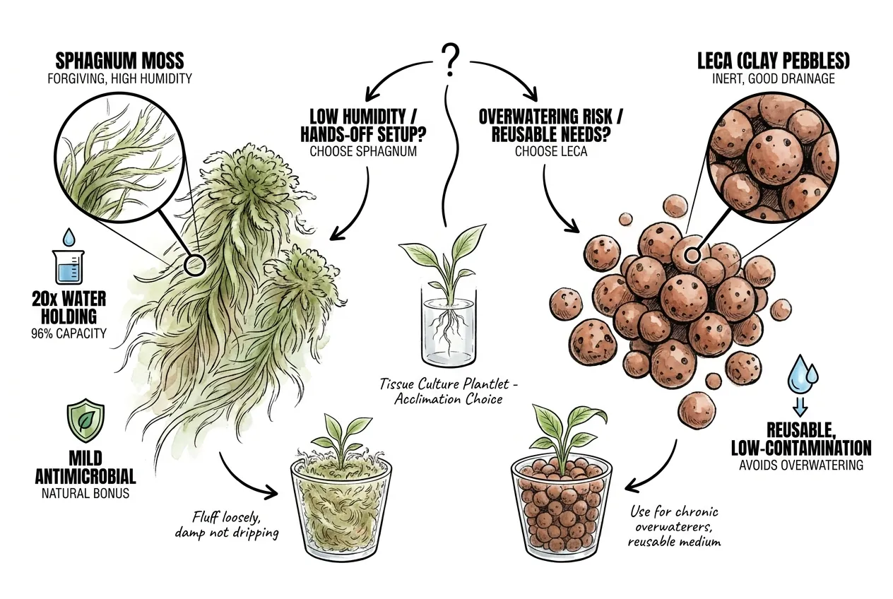 Long-fiber sphagnum beside inert LECA clay pebbles for a young plantlet
