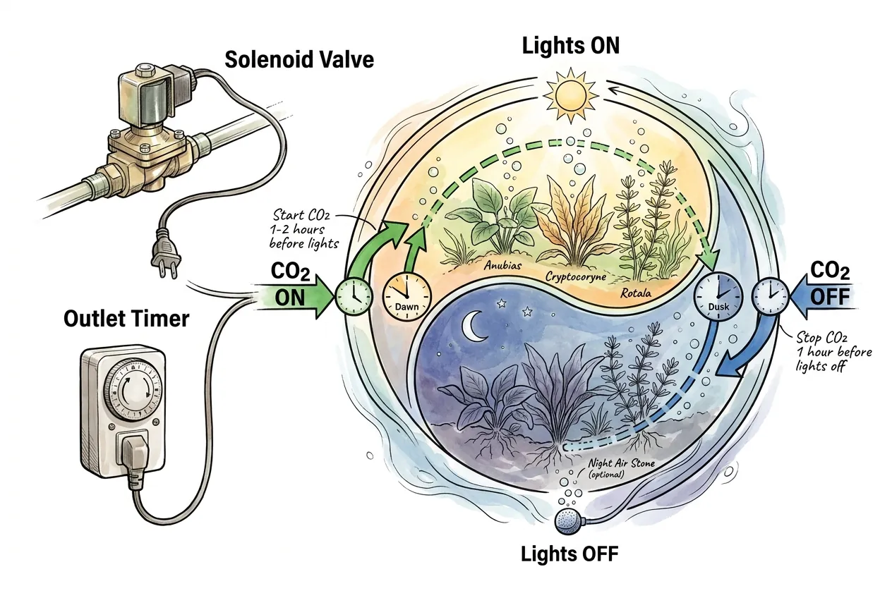 Timer switching aquarium CO2 on before lights-on and off before lights-off across a day-night cycle