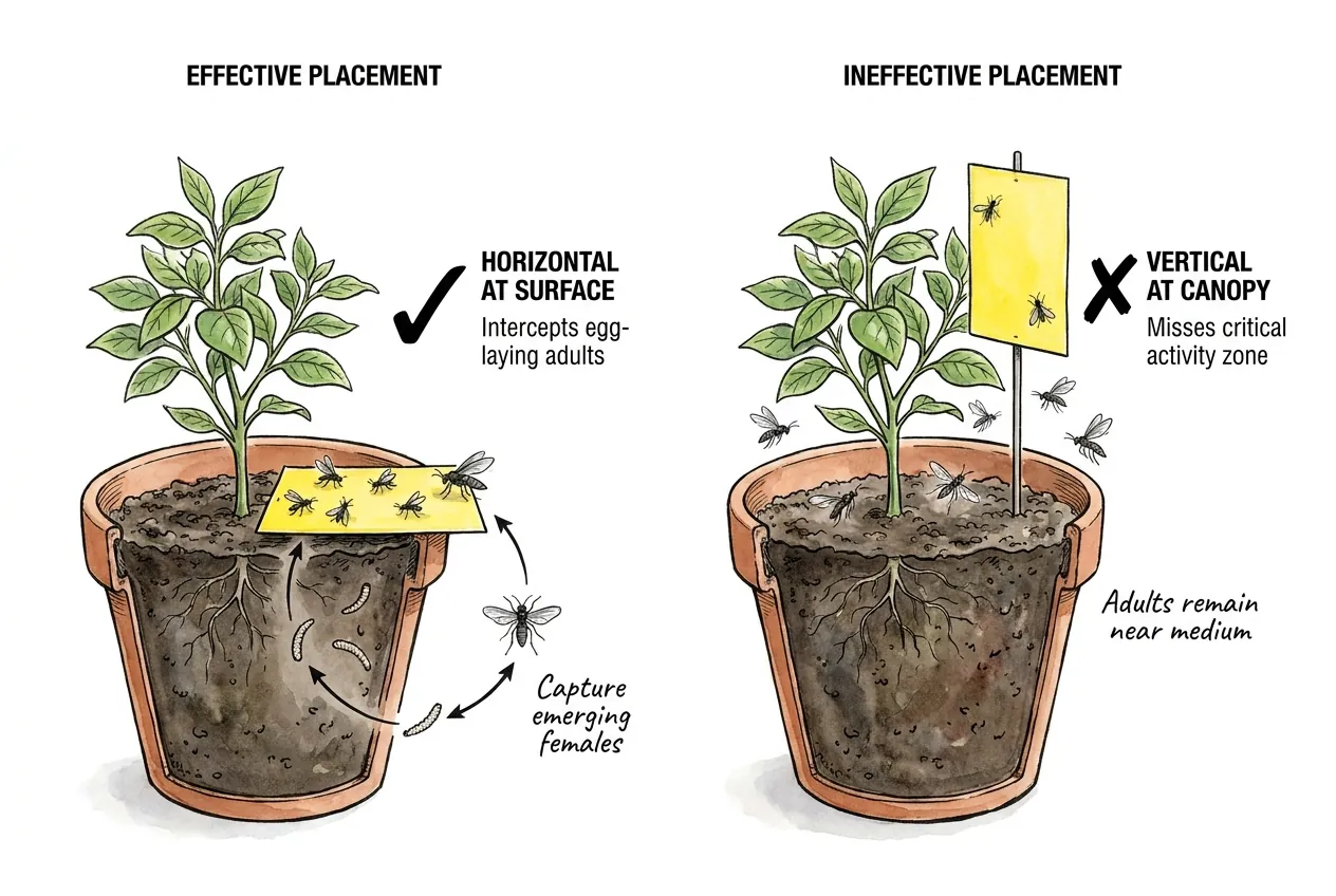 A horizontal sticky card lying over the soil surface compared with a vertical card in the canopy