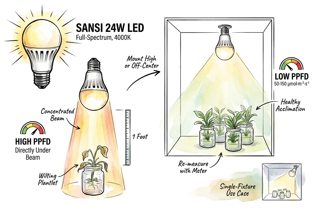 Diagram of PPFD dropping with distance from a grow light toward a low target at leaf height