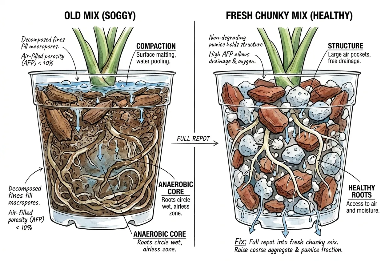 Old mix with fines clogging pores and a wet core, alongside fresh chunky replacement mix