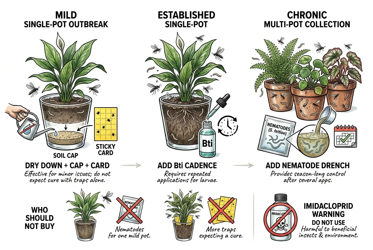 A tiered chart matching mild, established, and chronic fungus gnat outbreaks to suggested actions