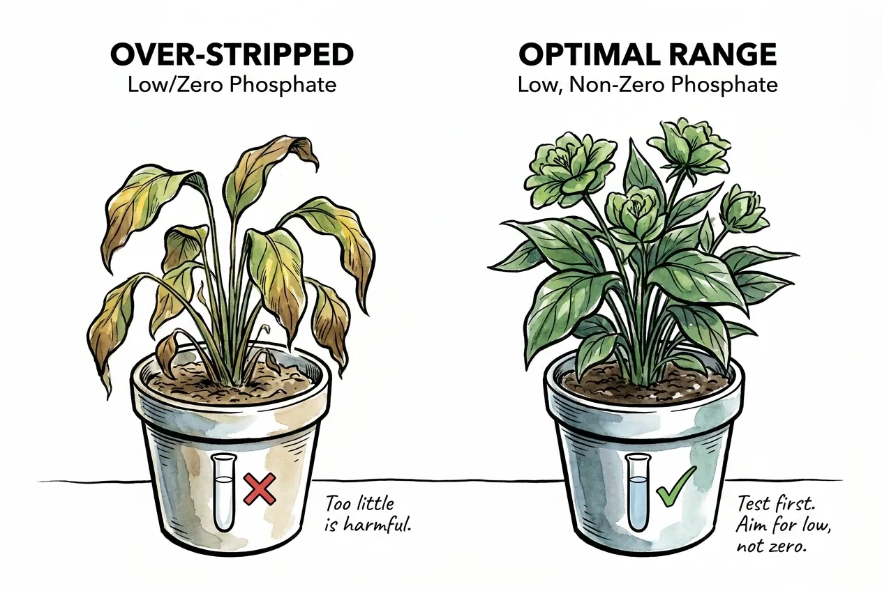 Illustration warning that over-stripping phosphate with binding media can starve aquatic plants, with a test kit confirming a surplus first and a low but non-zero target reading