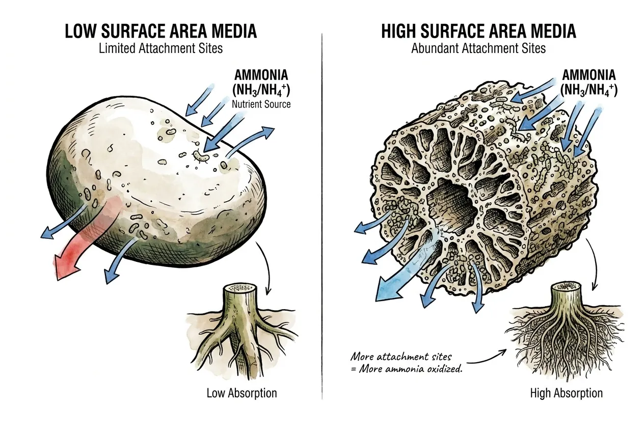 Diagram comparing low surface area versus high surface area biological filter media, showing more attachment sites oxidize more ammonia in the high-area media.