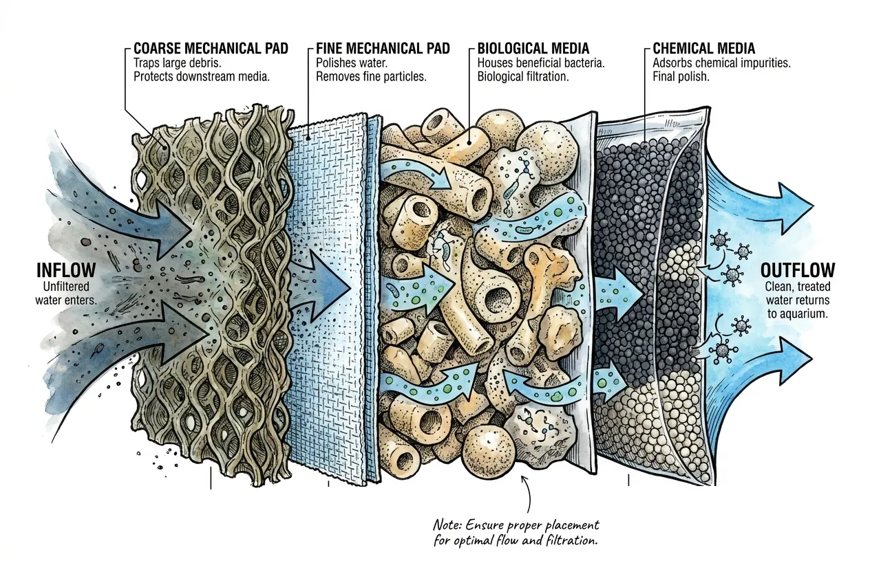 Cross-section diagram of aquarium filter media stacking order, water flowing through coarse mechanical pad, fine pad, biological media, then chemical media to outflow.