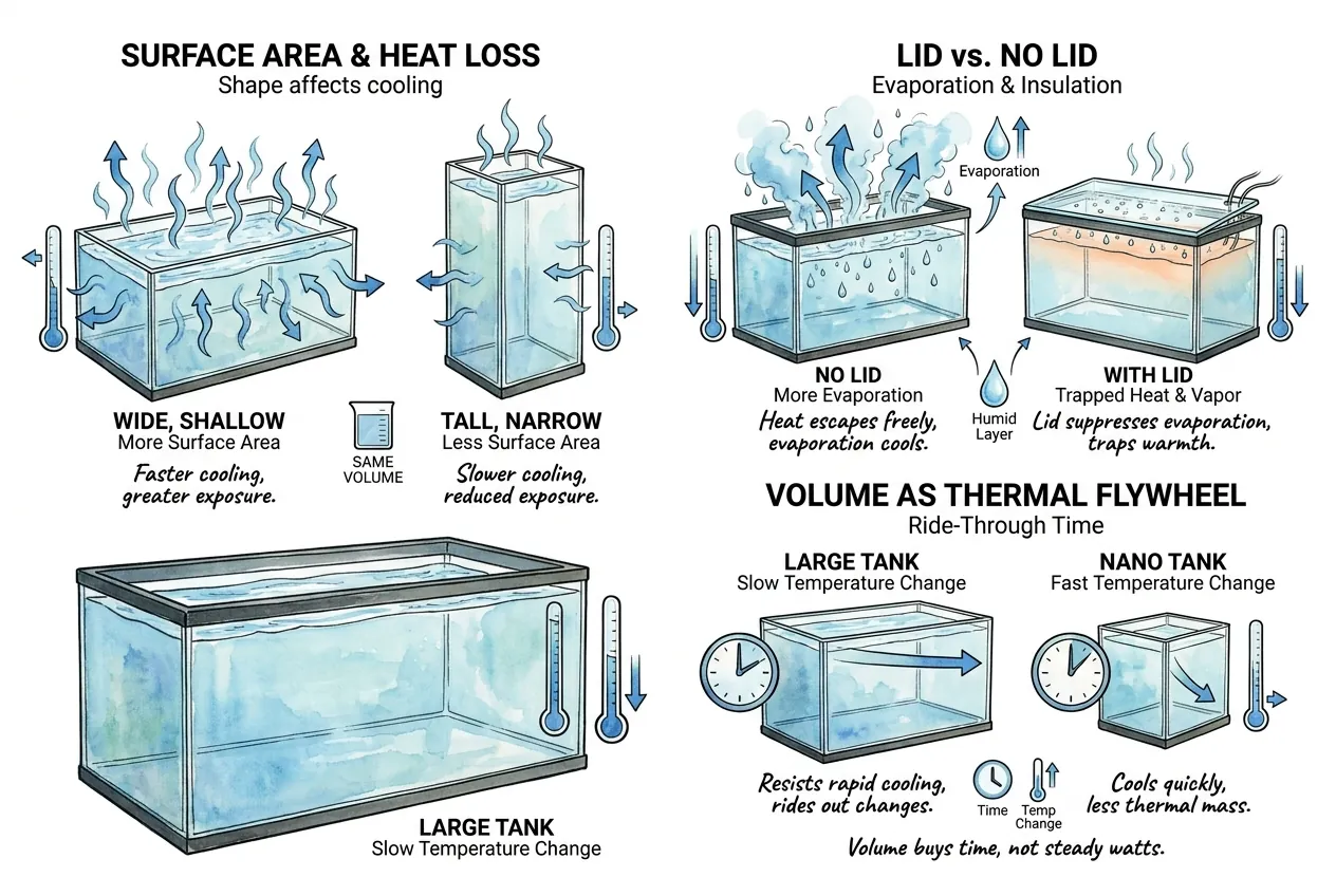 Diagram comparing tank shape, lid, and volume effects on heat loss