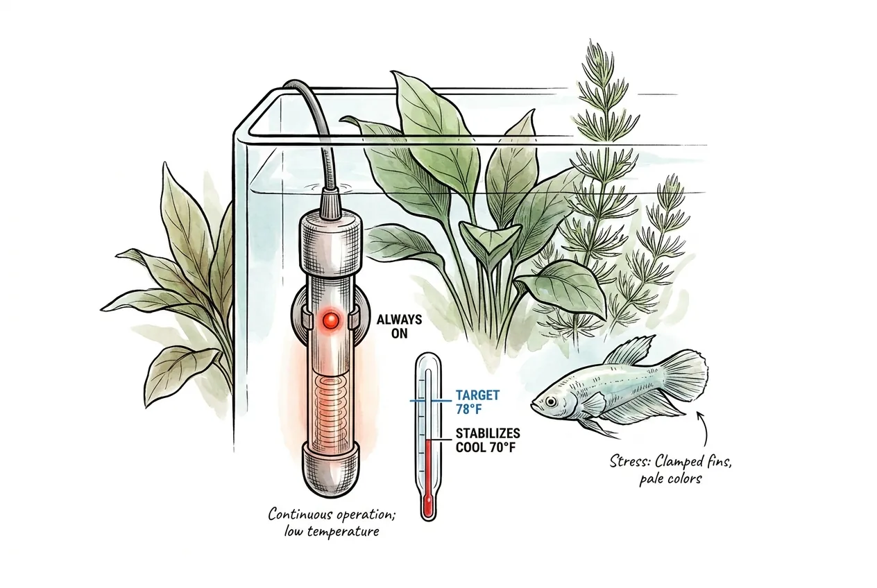 Undersized aquarium heater running continuously and holding below the target temperature