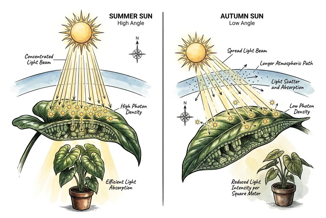 High summer sun and low autumn sun striking a window at different angles