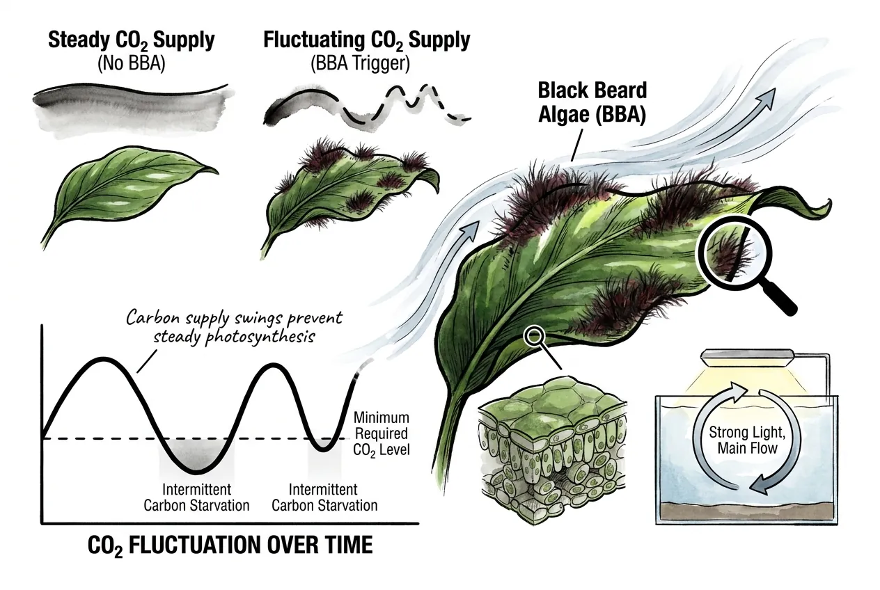 Black beard algae tufts on brightly lit high-flow leaf edges and hardscape