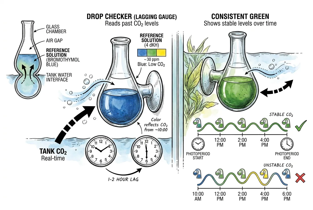Glass CO2 drop checker hanging inside a planted aquarium with green indicator fluid