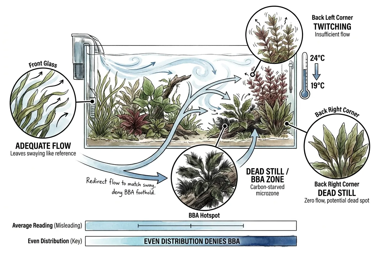 Planted tank leaves swaying near the filter outflow while a shaded corner stays still