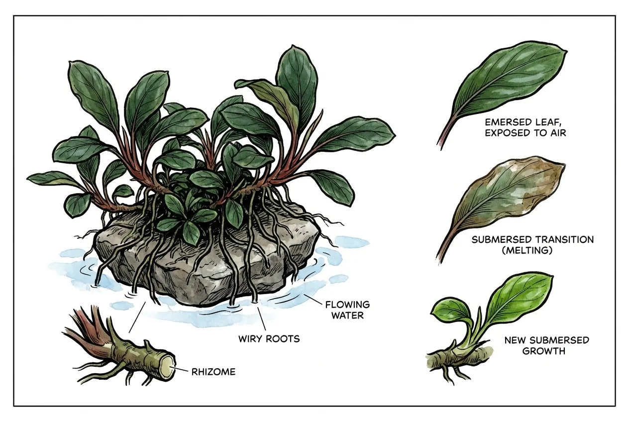 Bucephalandra mat gripping a granite boulder in a fast-flowing forest stream