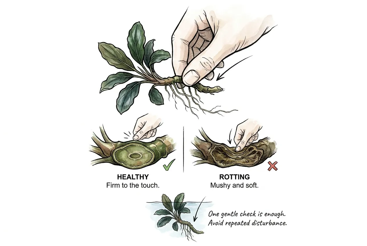 Fingers gently pinching a firm green Bucephalandra rhizome to check firmness