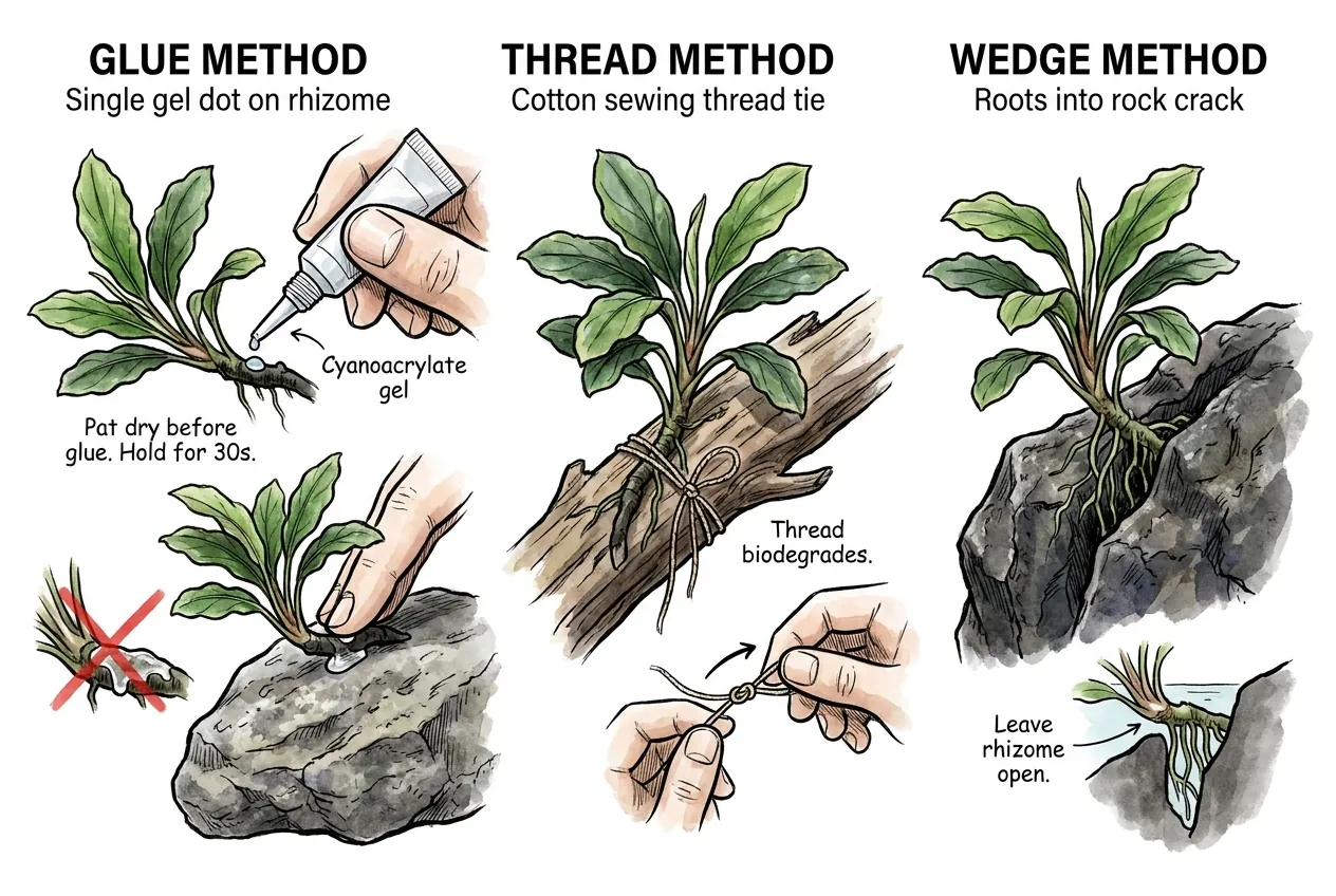 Bucephalandra rhizome glued and tied to rock with the rhizome left exposed