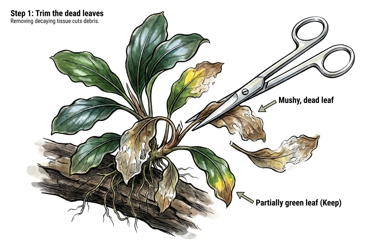 Scissors snipping melted translucent leaves off a Bucephalandra rhizome