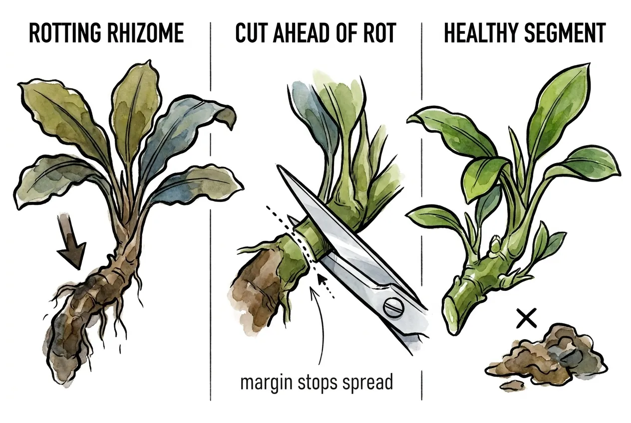 Razor cutting brown mushy rot back to firm green rhizome tissue