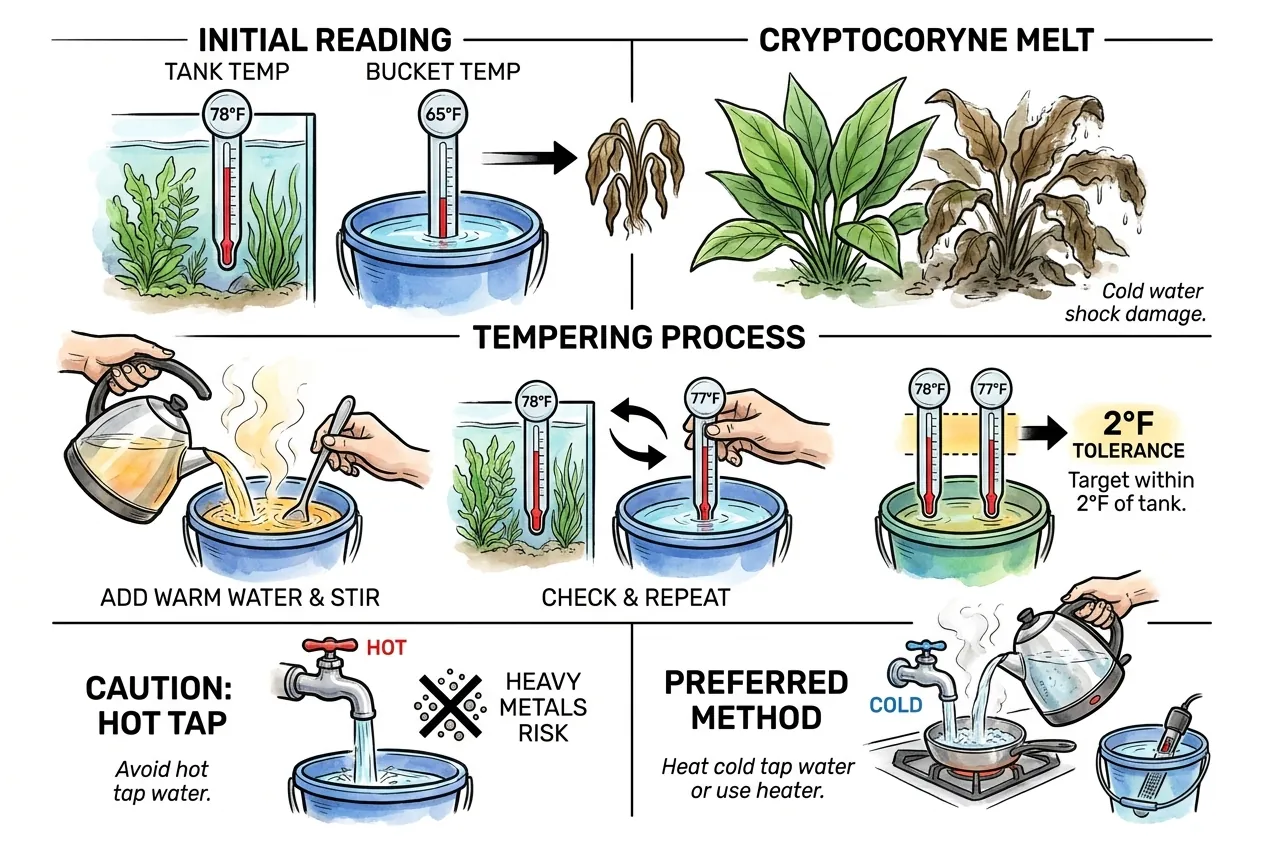 Matching bucket water to tank temperature with one thermometer before pouring