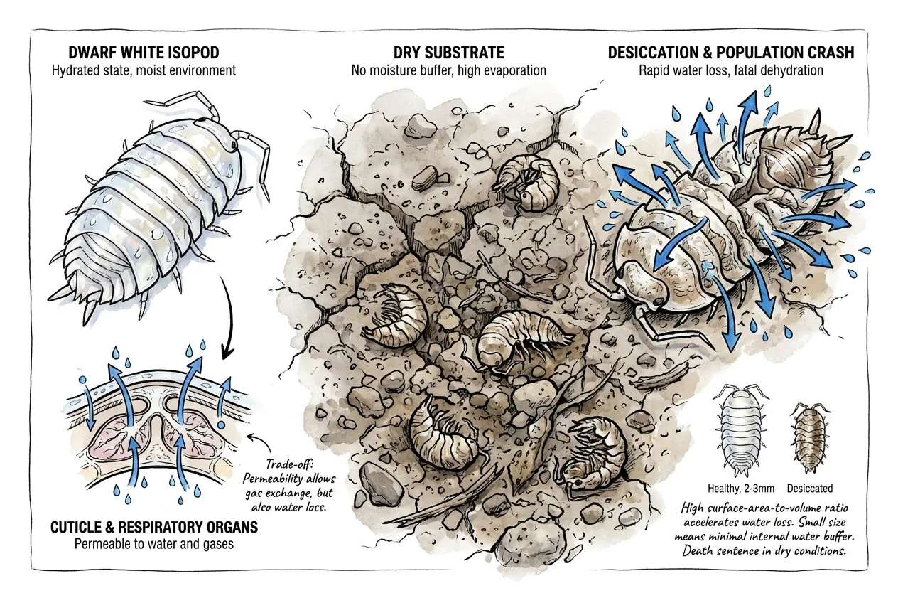 Botanical-illustration diagram of a dwarf white isopod showing water loss through its leaky cuticle and pleopodal respiratory organs, illustrating the water-versus-oxygen trade-off in a dry enclosure