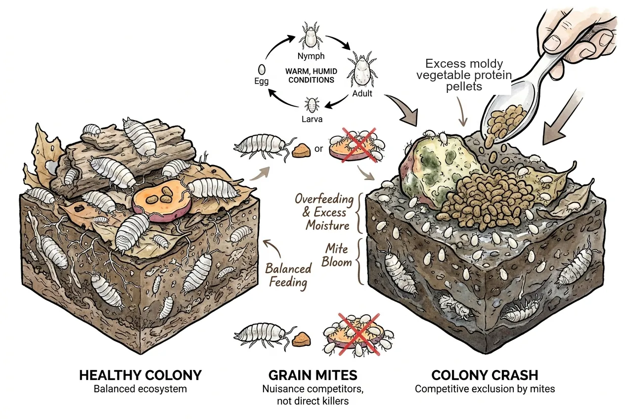 Comparative illustration distinguishing tiny translucent grain mites from a larger dwarf white isopod on moldy food, showing the mites as competitors rather than predators