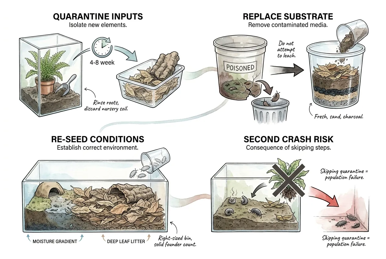 Step-by-step diagram of rebuilding an isopod colony: quarantining and rinsing a new plant, replacing contaminated substrate, and re-seeding a new bin with leaf litter and cuttlebone