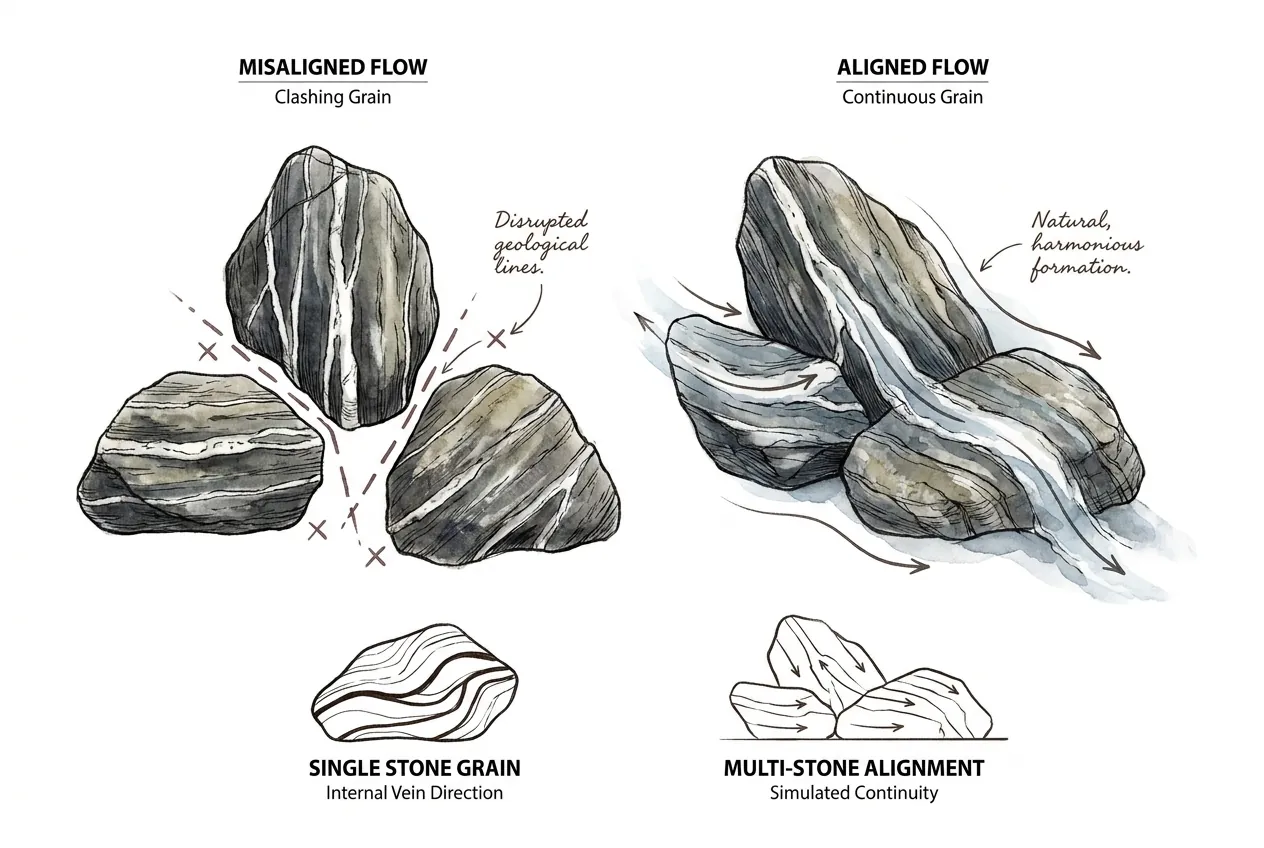 Aquascape stones with veins aligned in one direction across the group