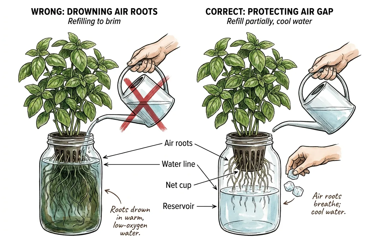 Cutaway of a Kratky basil jar showing the widening air gap, with pale water roots below the dropped water line and lighter air roots breathing in the space above it.