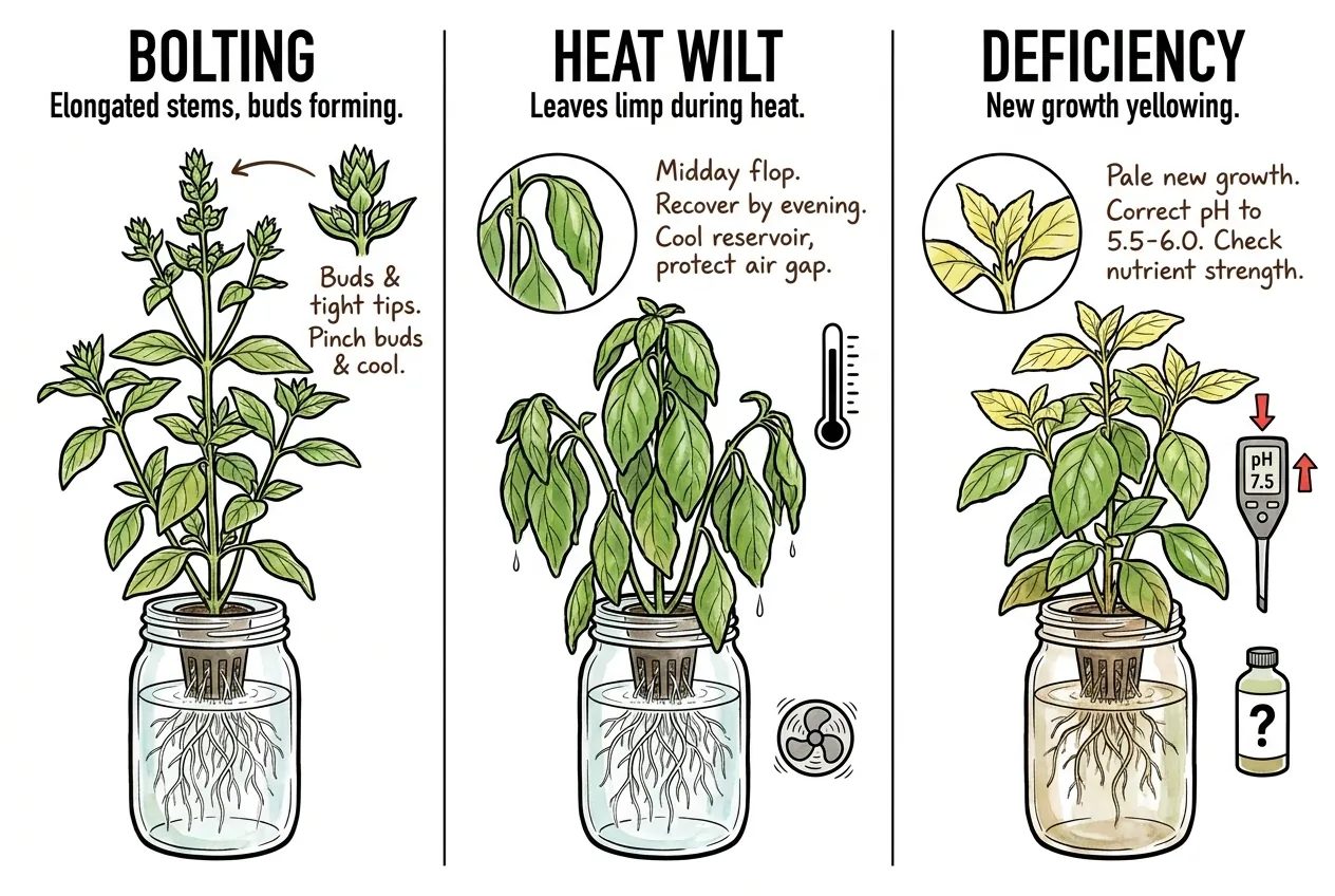Side-by-side comparison of three basil plants, one with crowded budding tips signaling bolting, one wilting from midday heat, and one with pale new growth from a nutrient or pH problem.