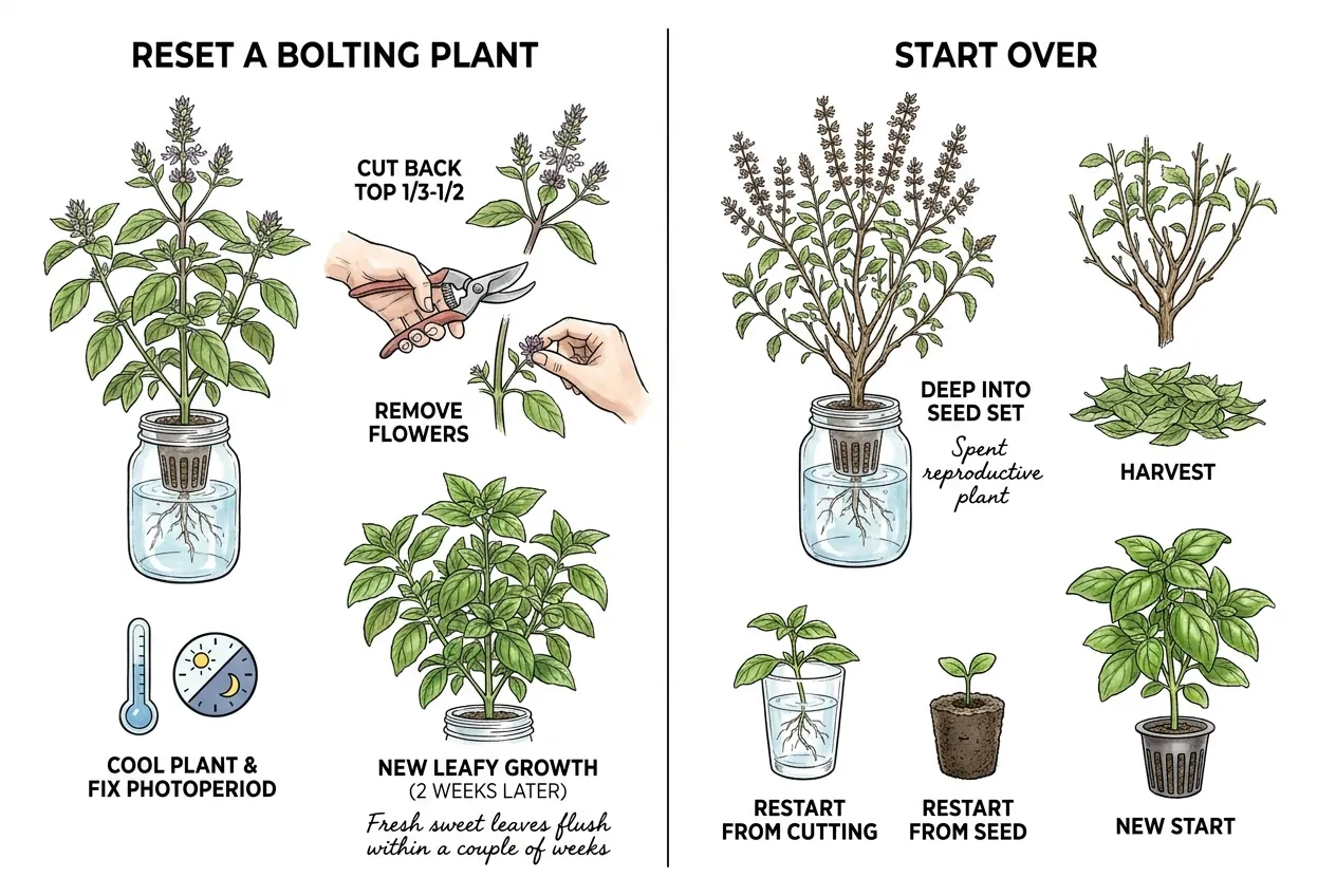 Bolting basil plant being cut back by the top third with flower clusters removed at the node, next to fresh vegetative regrowth flushing from the lower nodes.