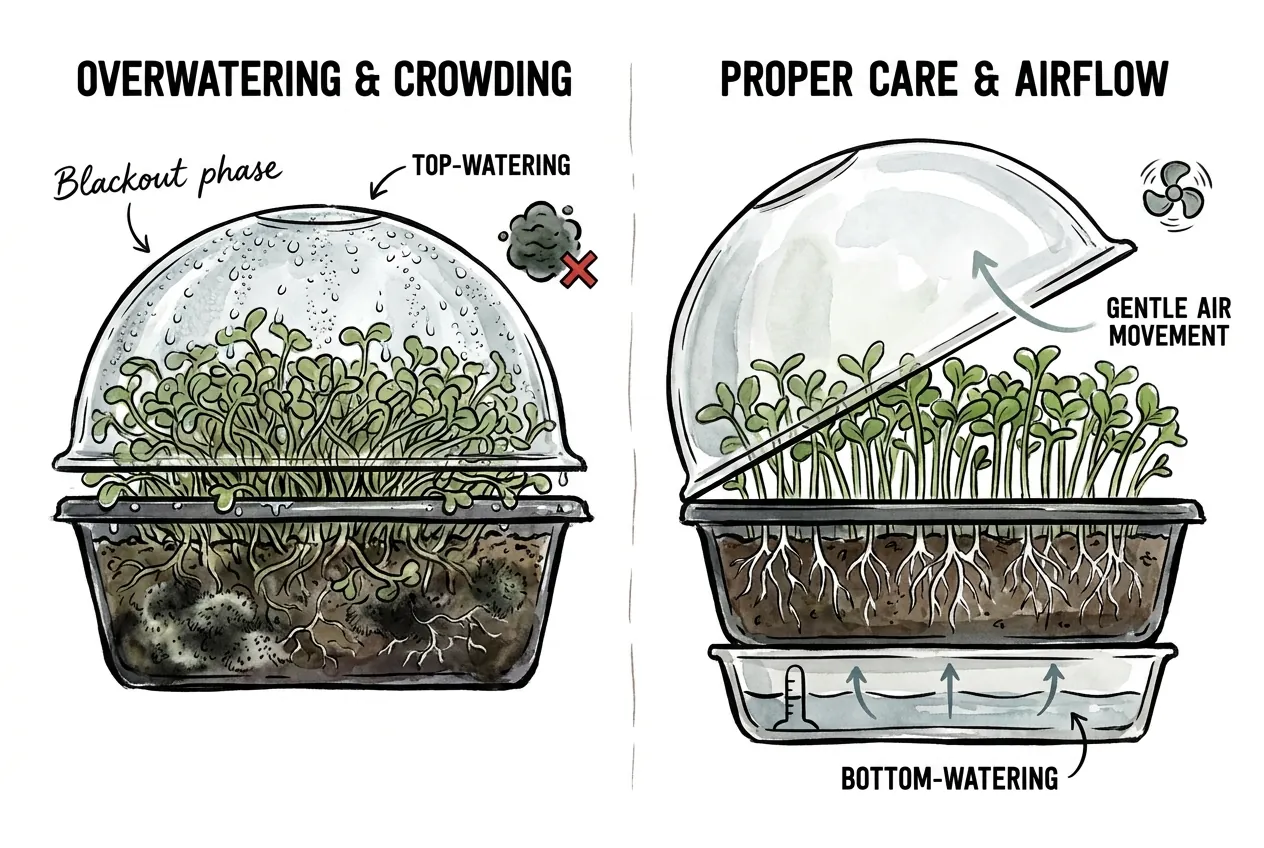 Diagnostic illustration of white fungal mold on a crowded microgreens tray, contrasting a wet top-watered canopy with a drier bottom-watered tray to show the mold-prevention fix.