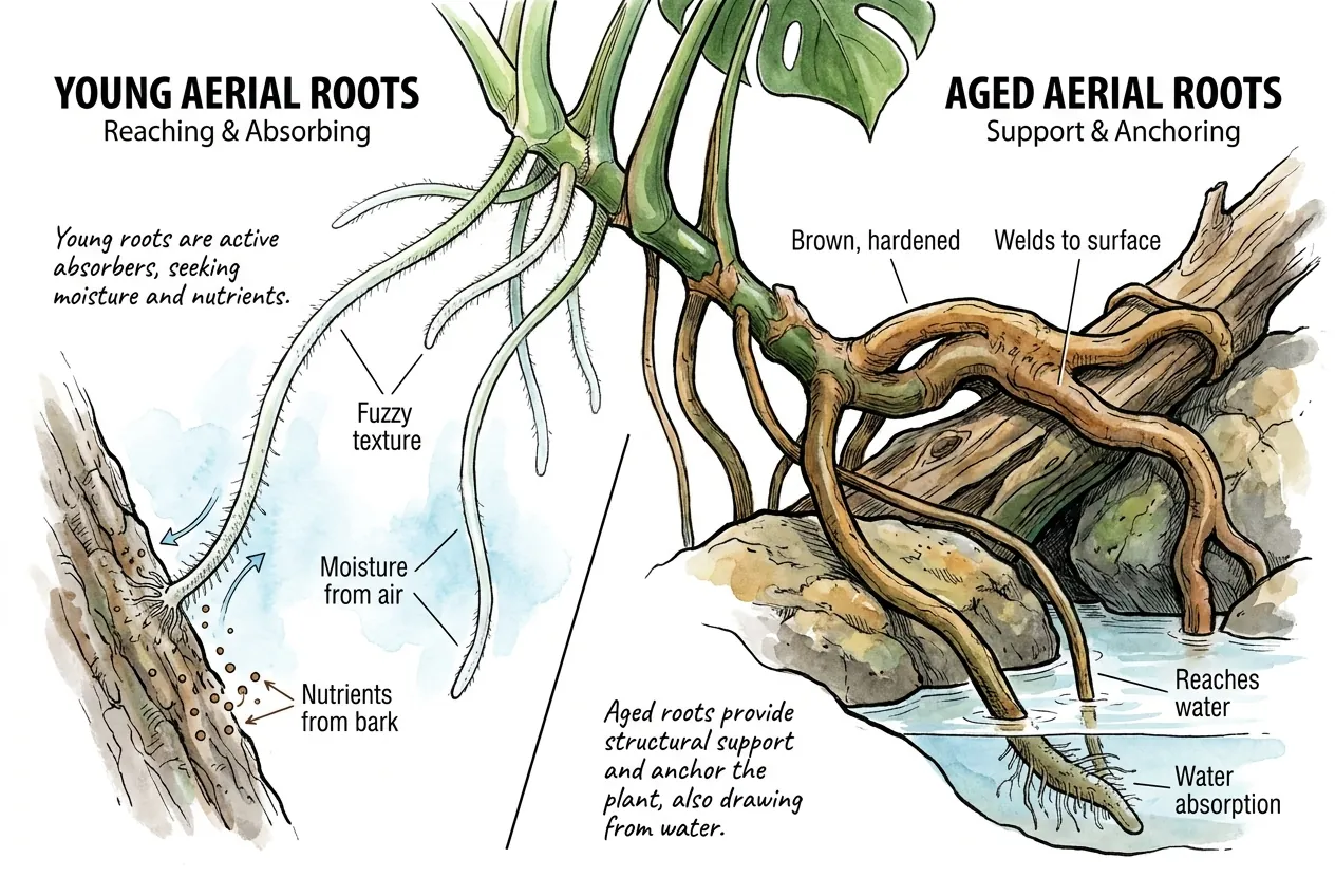 Aroid aerial roots gripping a support and reaching toward water