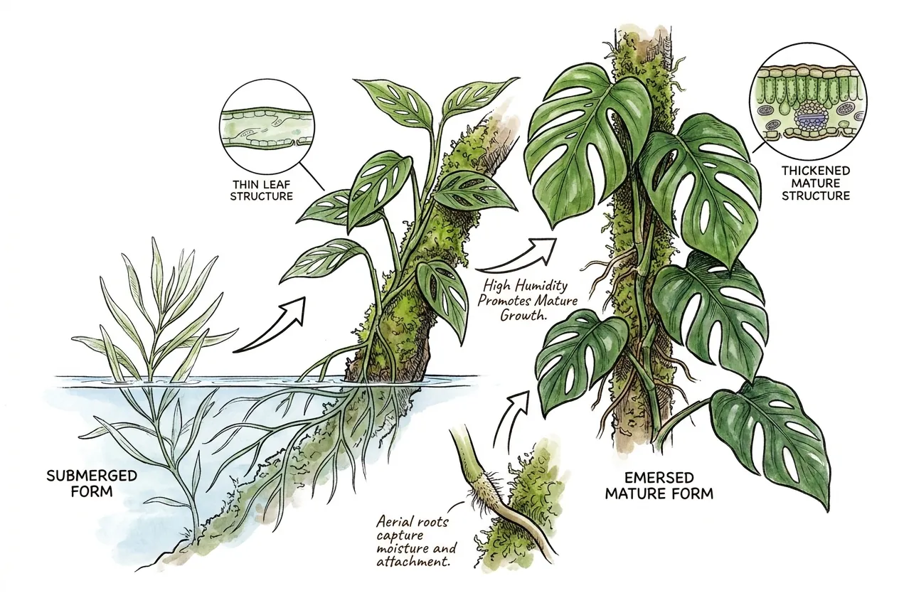 Thick fenestrated emersed Monstera leaf beside a thin submerged leaf