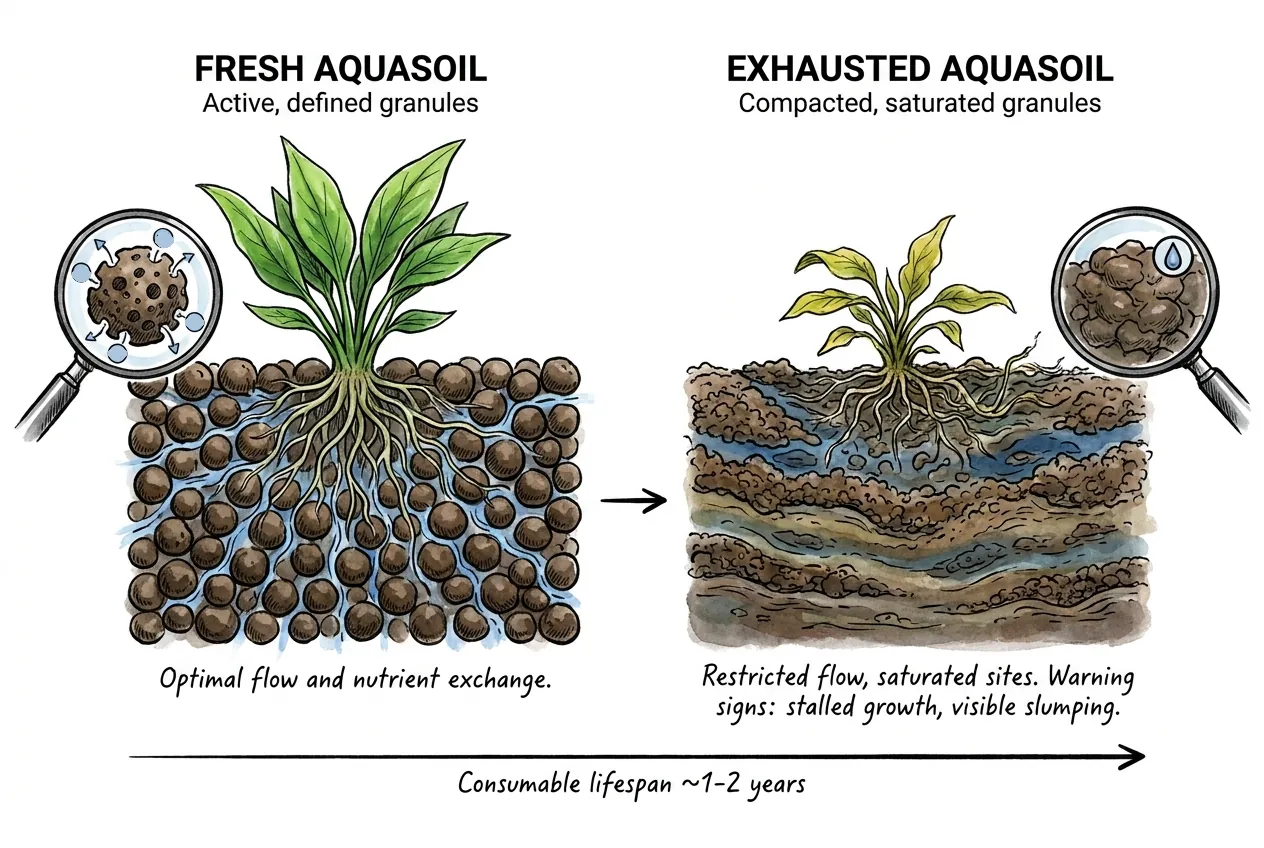 Cross-section diagram of aquasoil compaction and exhaustion, showing softened, slumped granules with reduced flow to plant roots over one to two years of use.