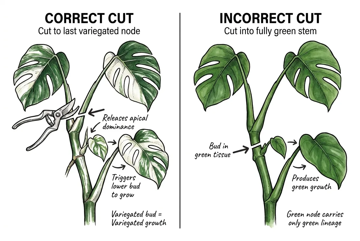 Pruning cut above a variegated node on a Monstera stem
