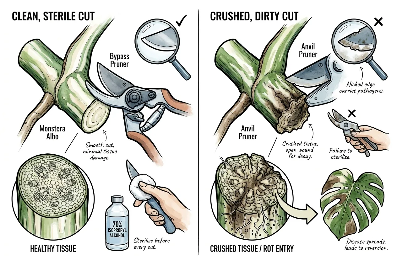 Bypass pruner making a clean cut on a Monstera stem