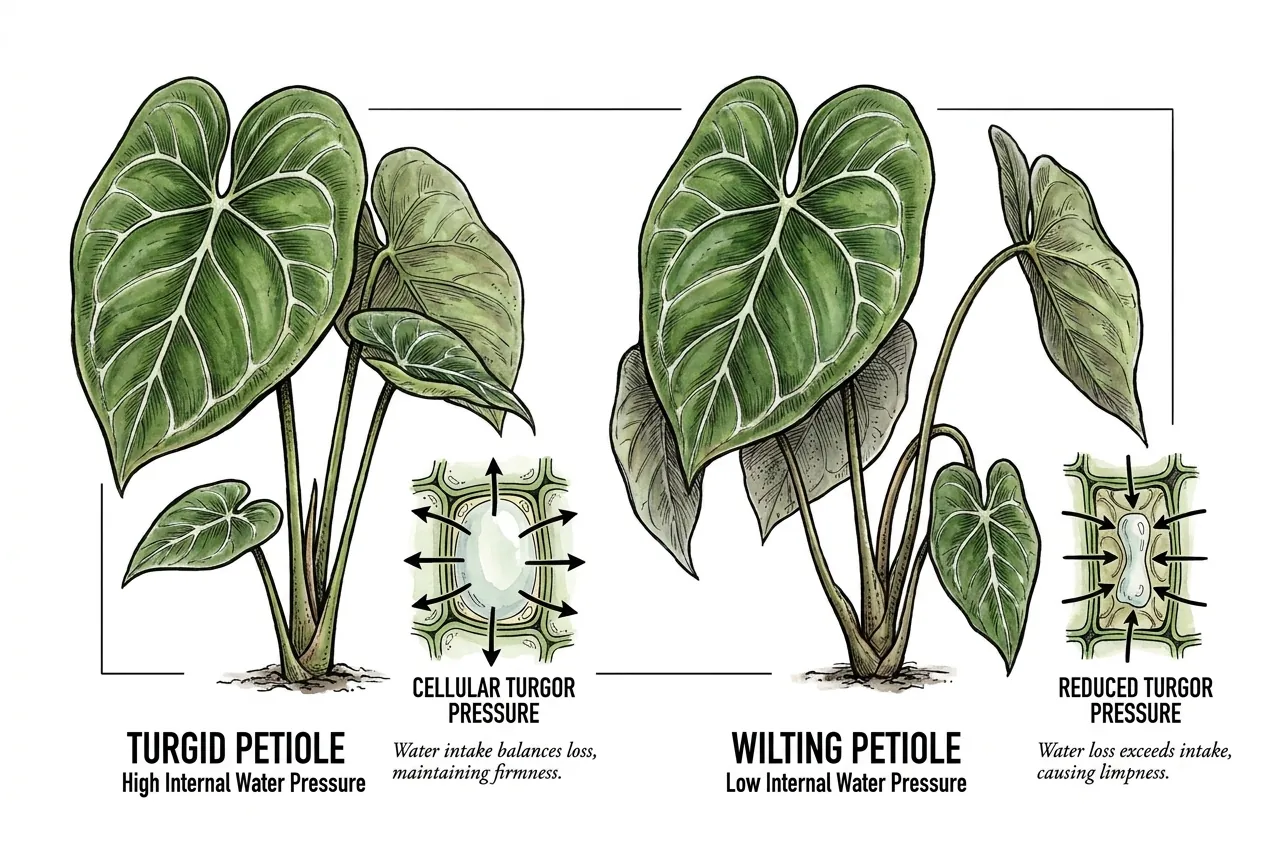 Firm upright Anthurium petiole beside a limp drooping one
