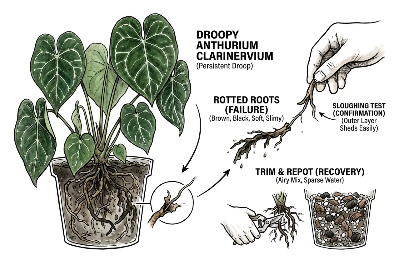 Healthy white firm roots next to dark mushy rotted roots