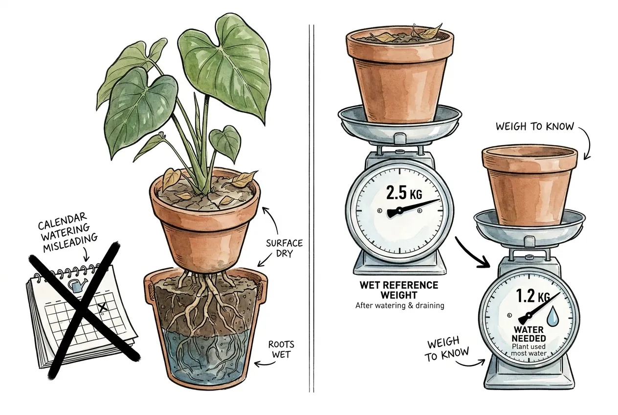Botanical illustration for: Watering by weight instead of by the calendar