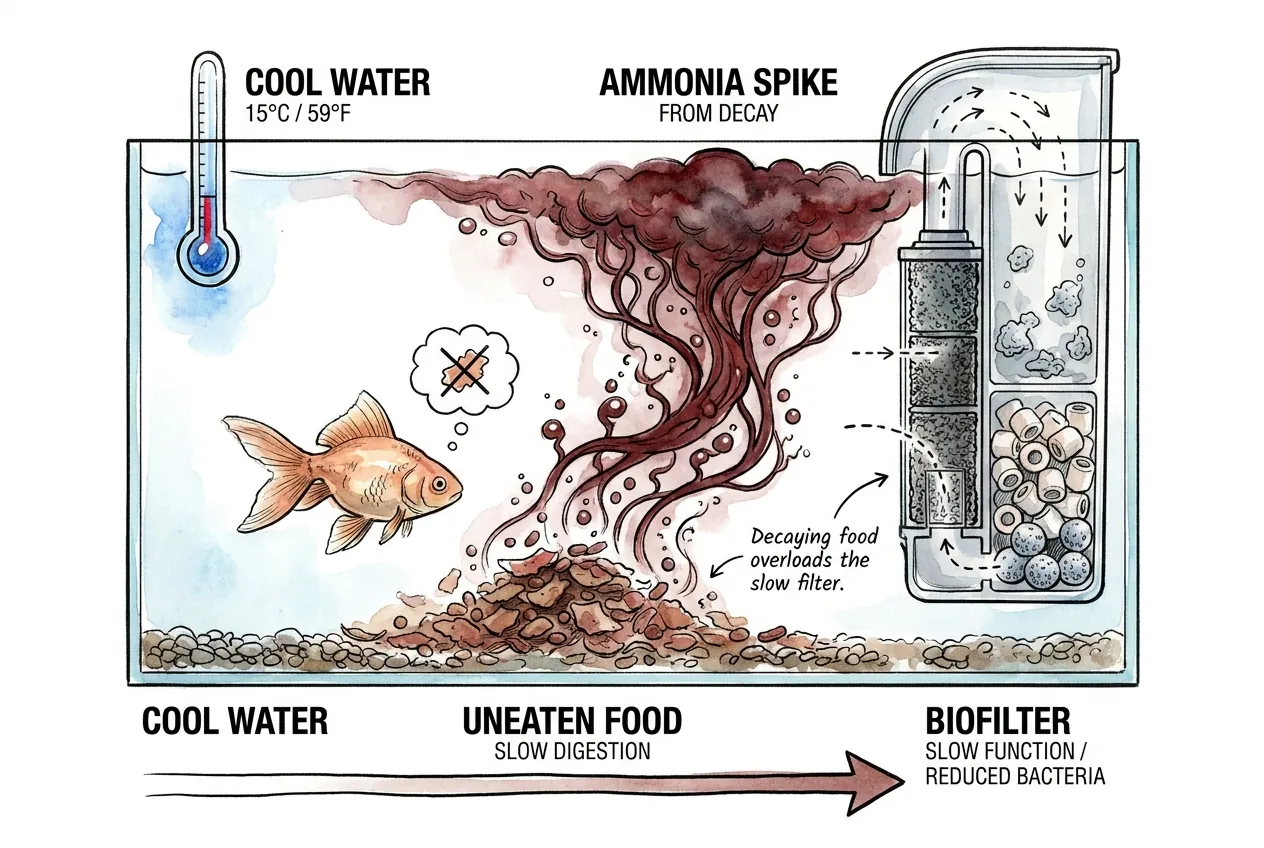 Aquarium fish moving slowly in cool water while flakes of uneaten food settle to the substrate, showing how leftover food becomes an ammonia source in a chilled tank.