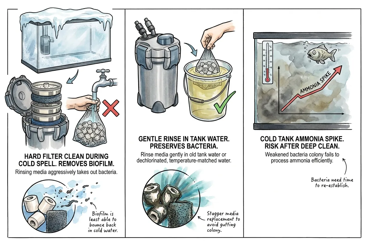 Hands gently rinsing aquarium filter sponge in a container of old tank water rather than under the tap, illustrating safe filter maintenance that preserves beneficial bacteria.